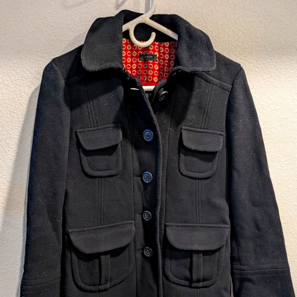 Black Utility Jacket with Tailored Silhouette and Red Lining